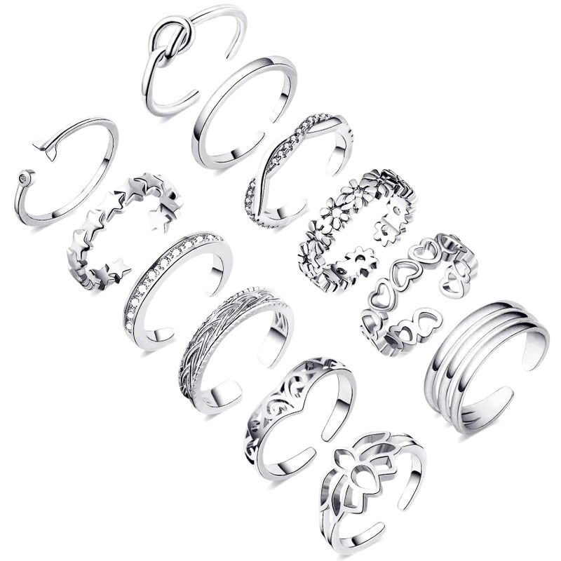 Honsny 12PCS 14K Silver Plated Toe Rings for Women Adjustable Band Rings Open Flower CZ Toe Ring Set Beach Foot Jewelry - Image 1